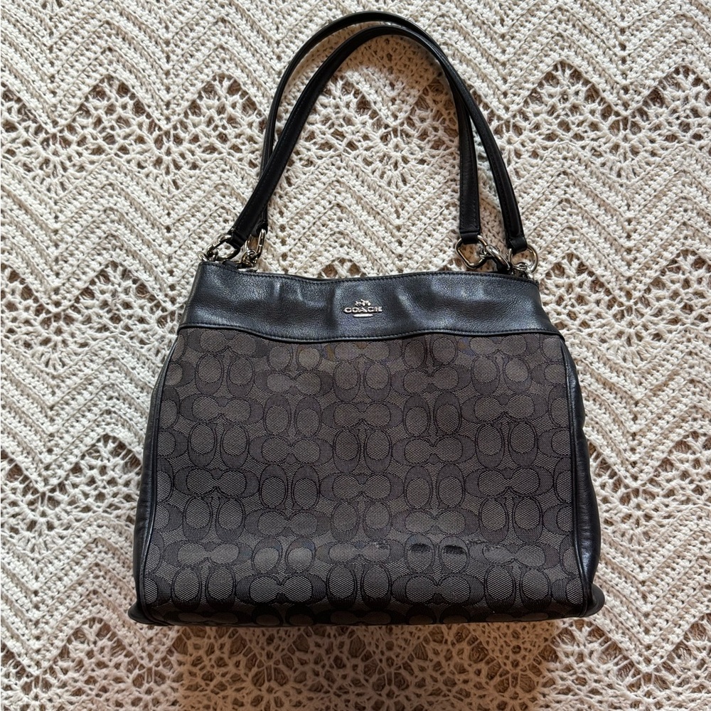 Coach F57612 Outline Signature Lexy Shoulder Bag Black Smoke Canvas Leather Mix